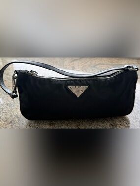 Prada Black Mini Nylon Shoulder Bag with Crystal Triangle Logo